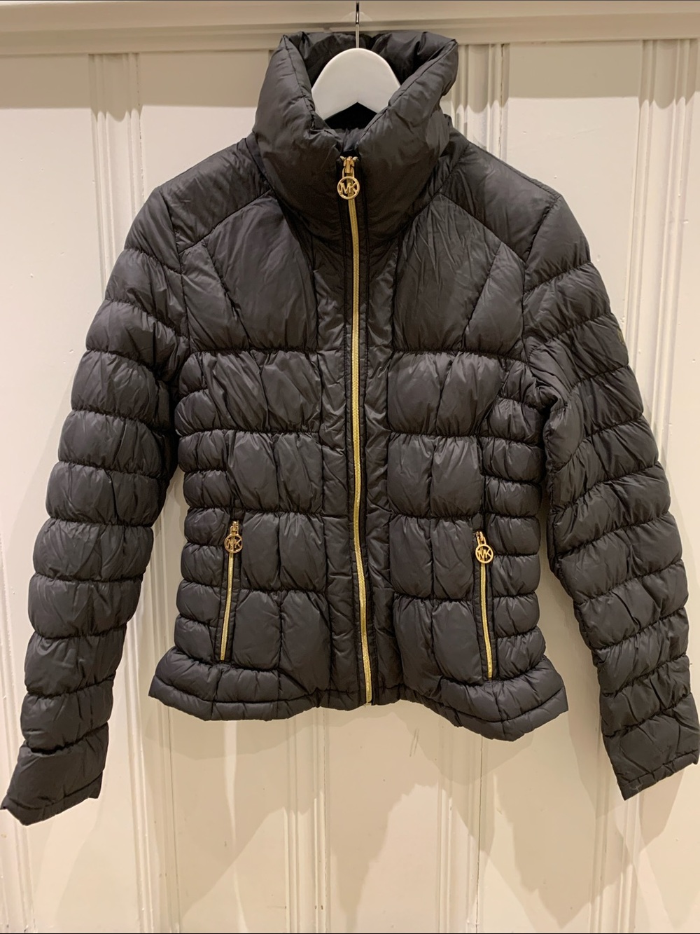 Michael Kors Dark Grey Quilted Puffer Jacket with Gold Hardware